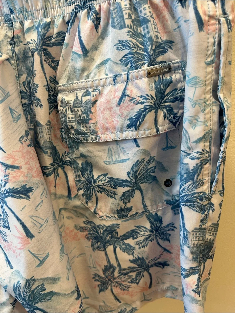 VINTAGE SUMMER Matching Cabana Set Palm Tree Swim Trunks & Button Up Shirt S